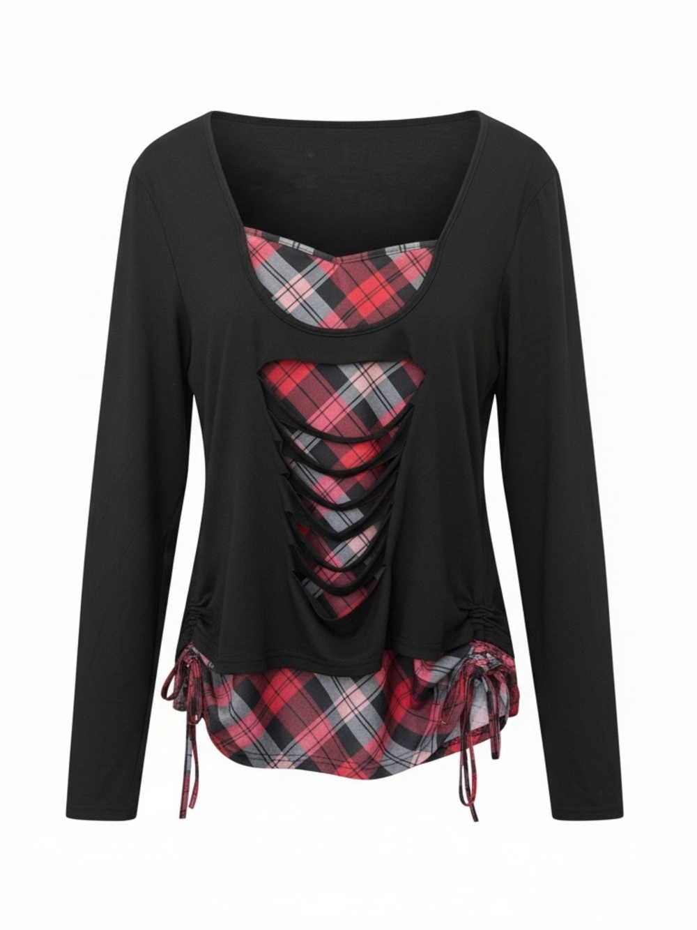 Y2K Punk Grunge Black Red Plaid Shredded Cutout Long Sleeve Top L